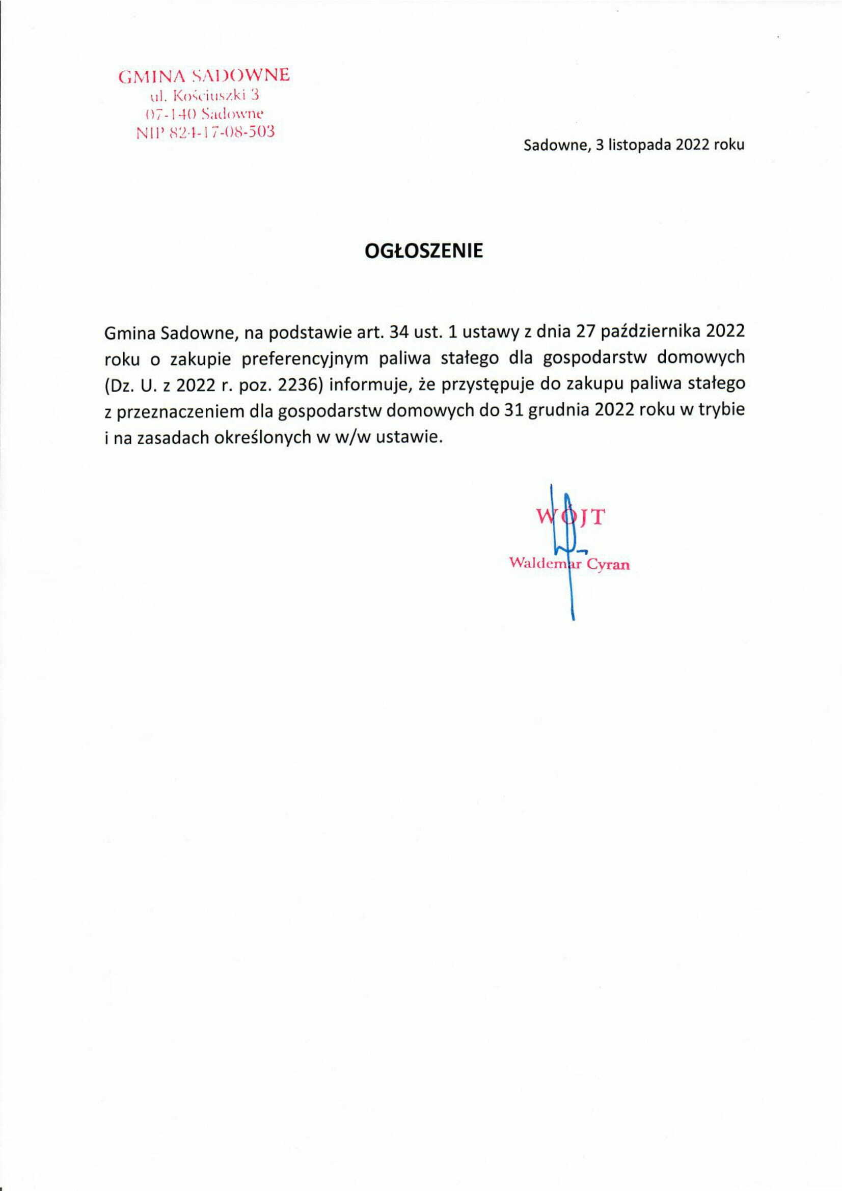 Skan ogłoszenia z dnia 3 listopada 2022 r. o przystąpieniu do zakupu paliwa stałego